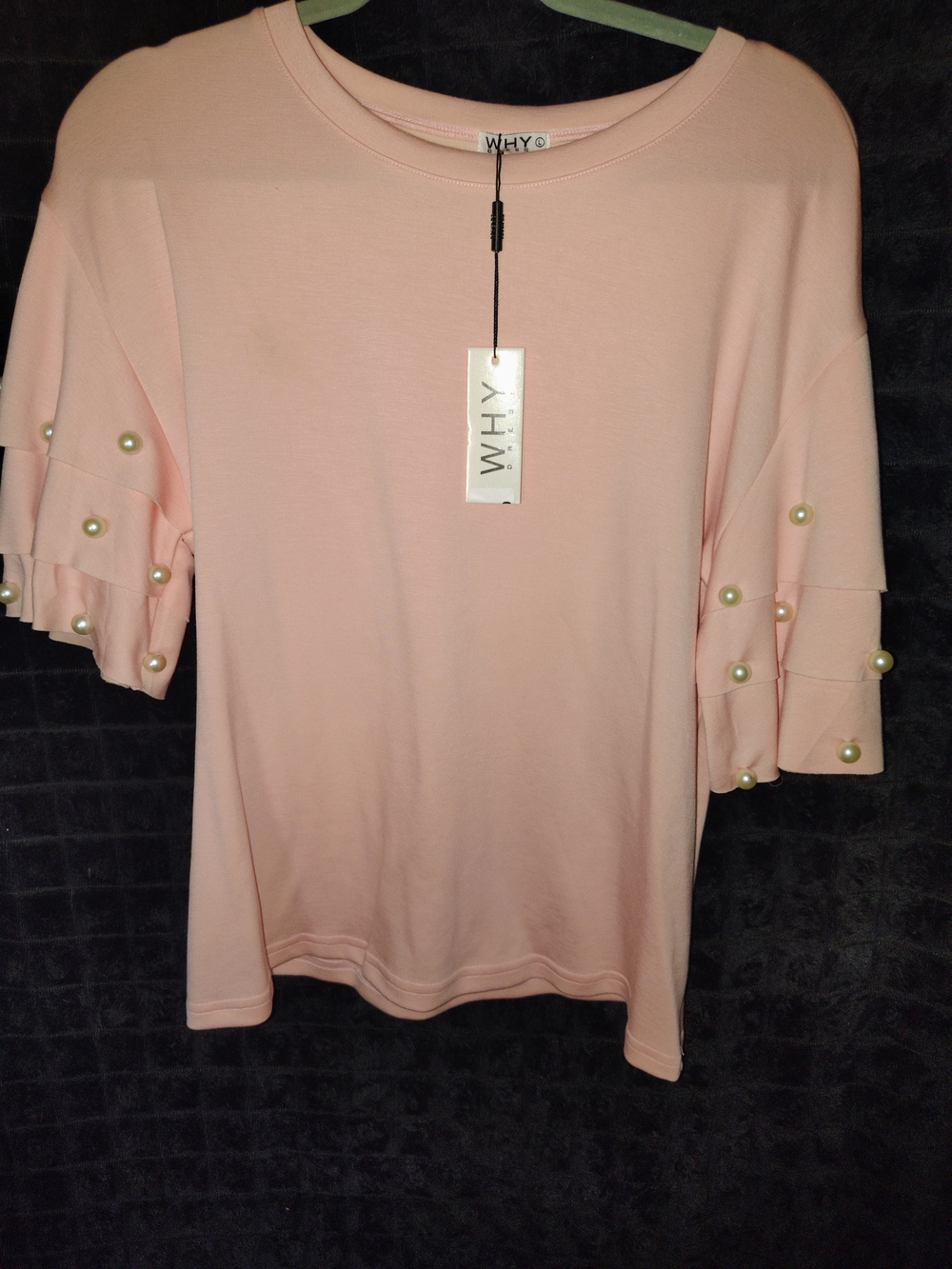 WHY Soft Pink Pearl-Sleeve Short Sleeve Tee